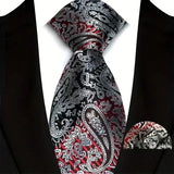 Silver High Quality Wine Red Floral Dot Plaid Men Tie Pocket Square Set