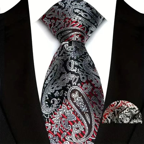 Silver High Quality Wine Red Floral Dot Plaid Men Tie Pocket Square Set