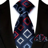 Blue High Quality Wine Red Floral Dot Plaid Men Tie Pocket Square Set