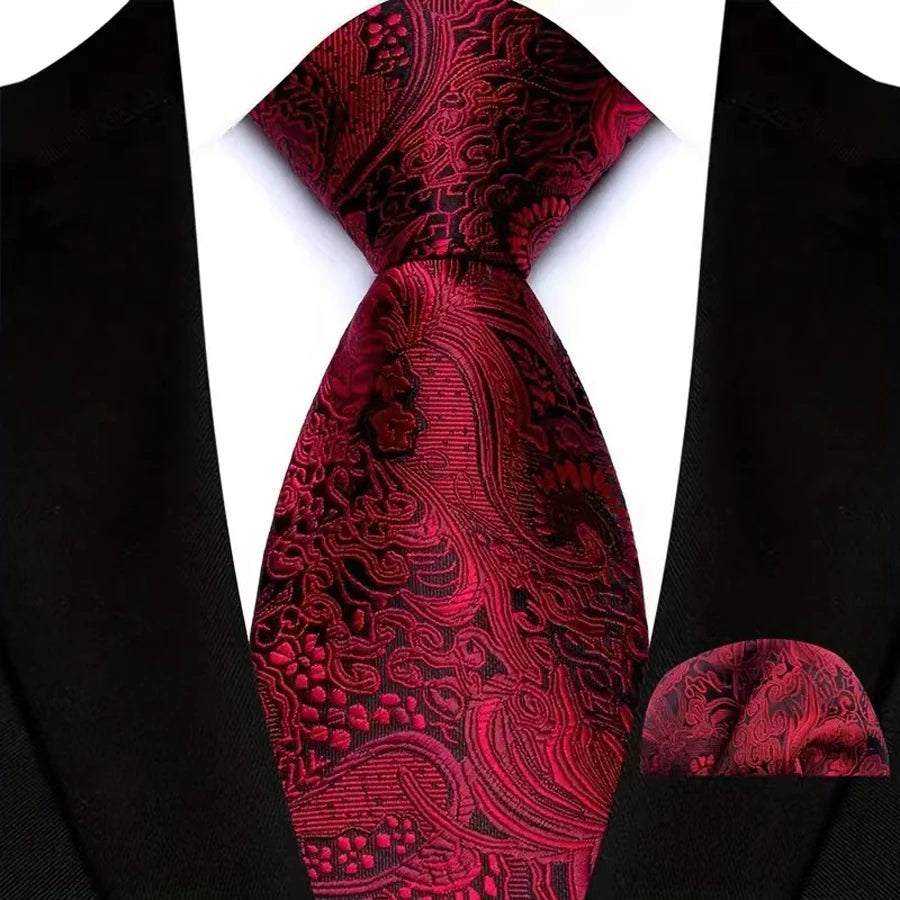 High Quality Wine Red Floral Dot Plaid Men Tie Pocket Square Set