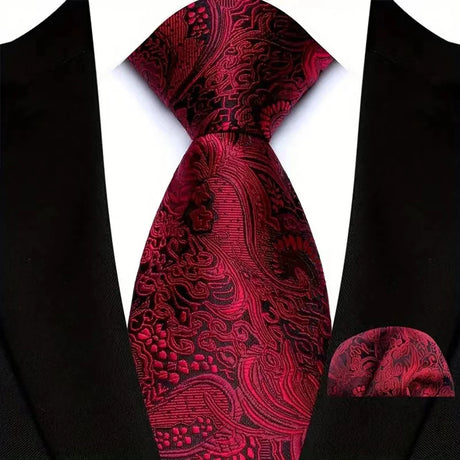 High Quality Wine Red Floral Dot Plaid Men Tie Pocket Square Set