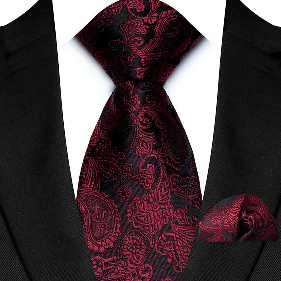 High Quality Wine Red Floral Dot Plaid Men Tie Pocket Square Set