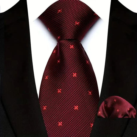 Red High Quality Wine Red Floral Dot Plaid Men Tie Pocket Square Set