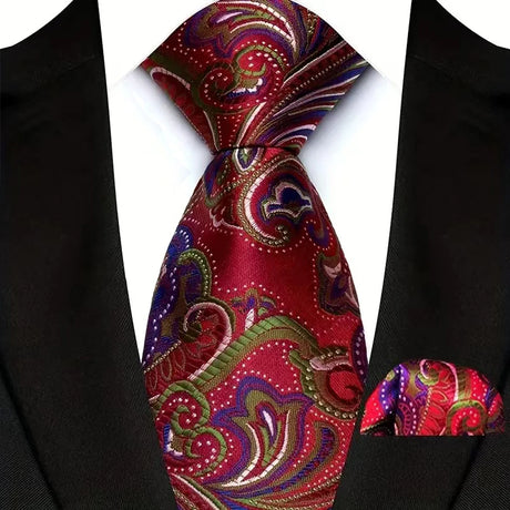 Red High Quality Wine Red Floral Dot Plaid Men Tie Pocket Square Set