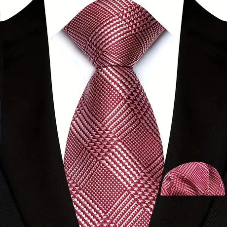 Red High Quality Wine Red Floral Dot Plaid Men Tie Pocket Square Set