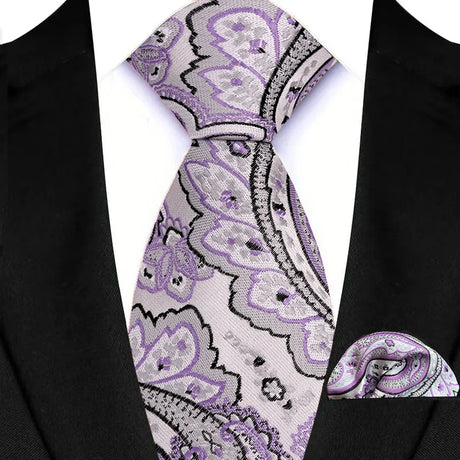 Gray Hight Quality Solid Stripes Paisley Light Purple Necktie