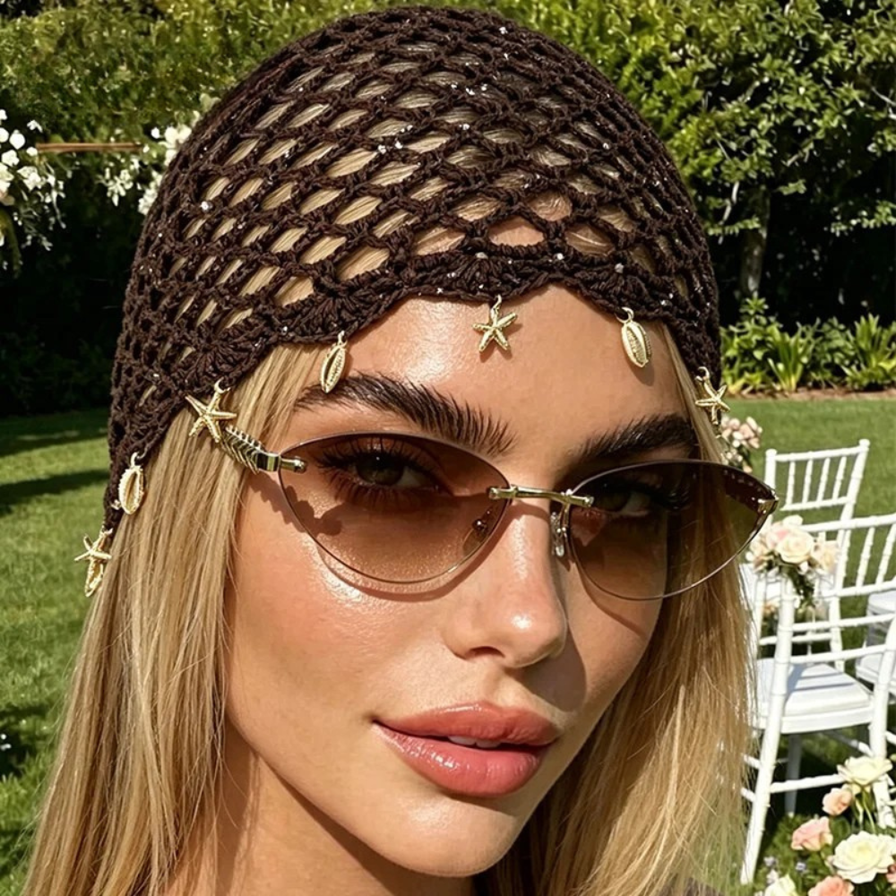 Model Using Hollowed Out Woven Pullover Crochet Headwrap