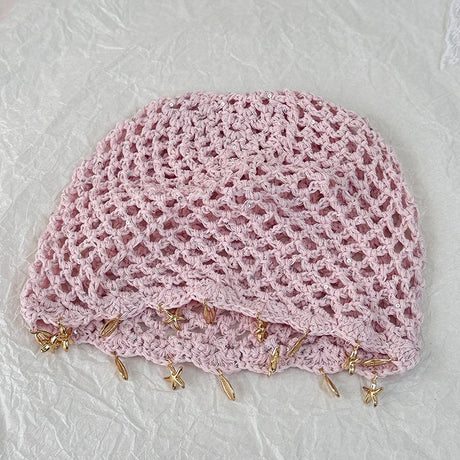 Pink Hollowed Out Woven Pullover Crochet Headwrap