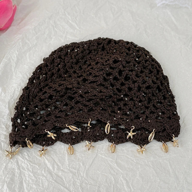 Brown Hollowed Out Woven Pullover Crochet Headwrap