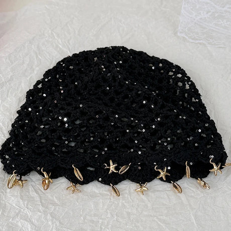 Black Hollowed Out Woven Pullover Crochet Headwrap