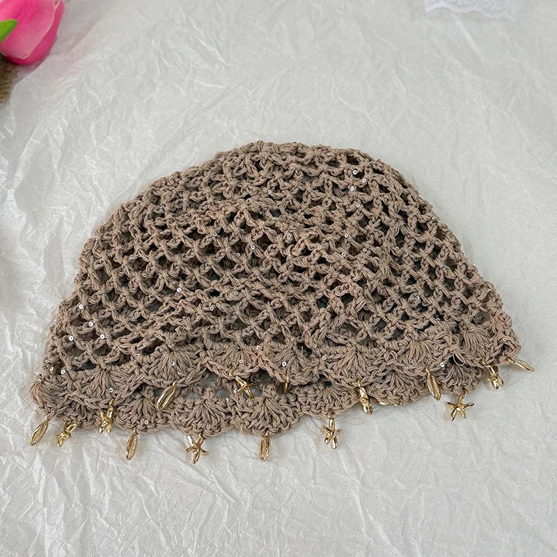 Brown Hollowed Out Woven Pullover Crochet Headwrap