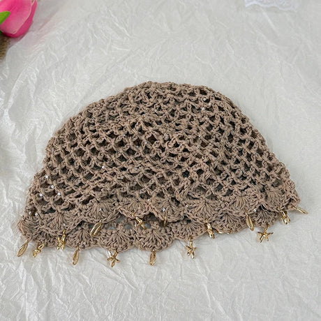 Brown Hollowed Out Woven Pullover Crochet Headwrap