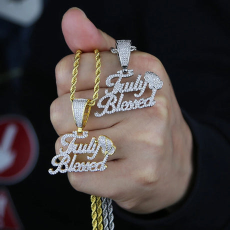 holding silver and gold bling necklace 