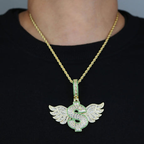 model using Iced Out Bling Wing Pendant Hip Hop Jewelry