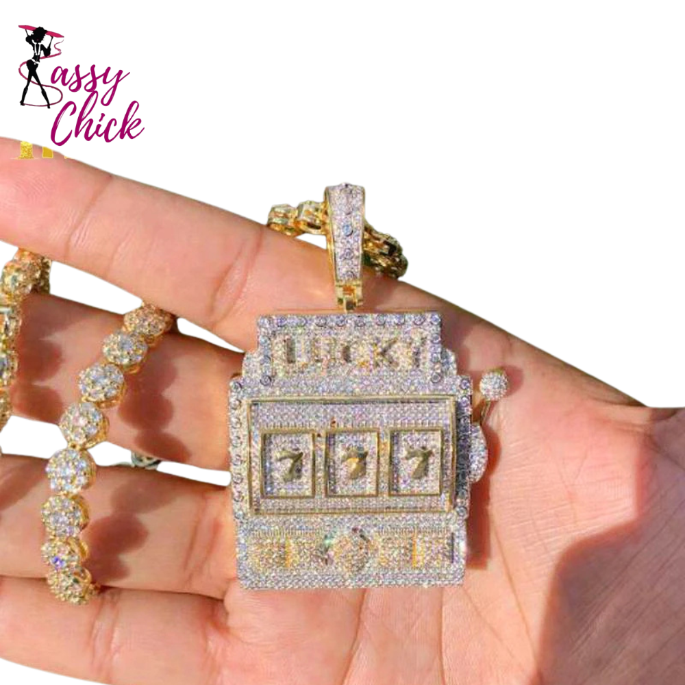 Iced Out Bling Zircon Lucky 777 Charm Pendant Necklaces Sassy Chick Logo