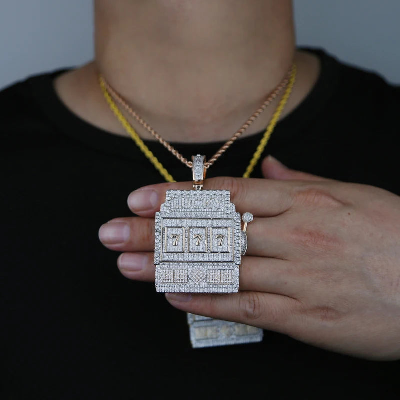 model using Iced Out Bling Zircon Lucky 777 Charm Pendant Necklaces