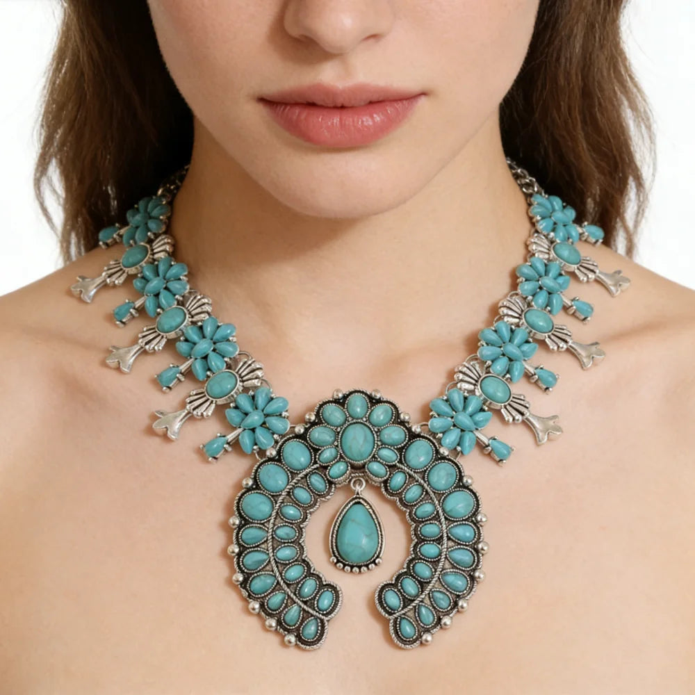 Model Using Indian Turquoise Resin Baroque Statement Squash Necklace