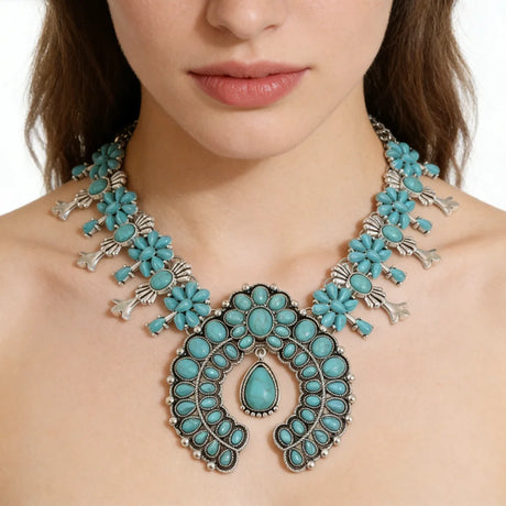 Model Using Indian Turquoise Resin Baroque Statement Squash Necklace