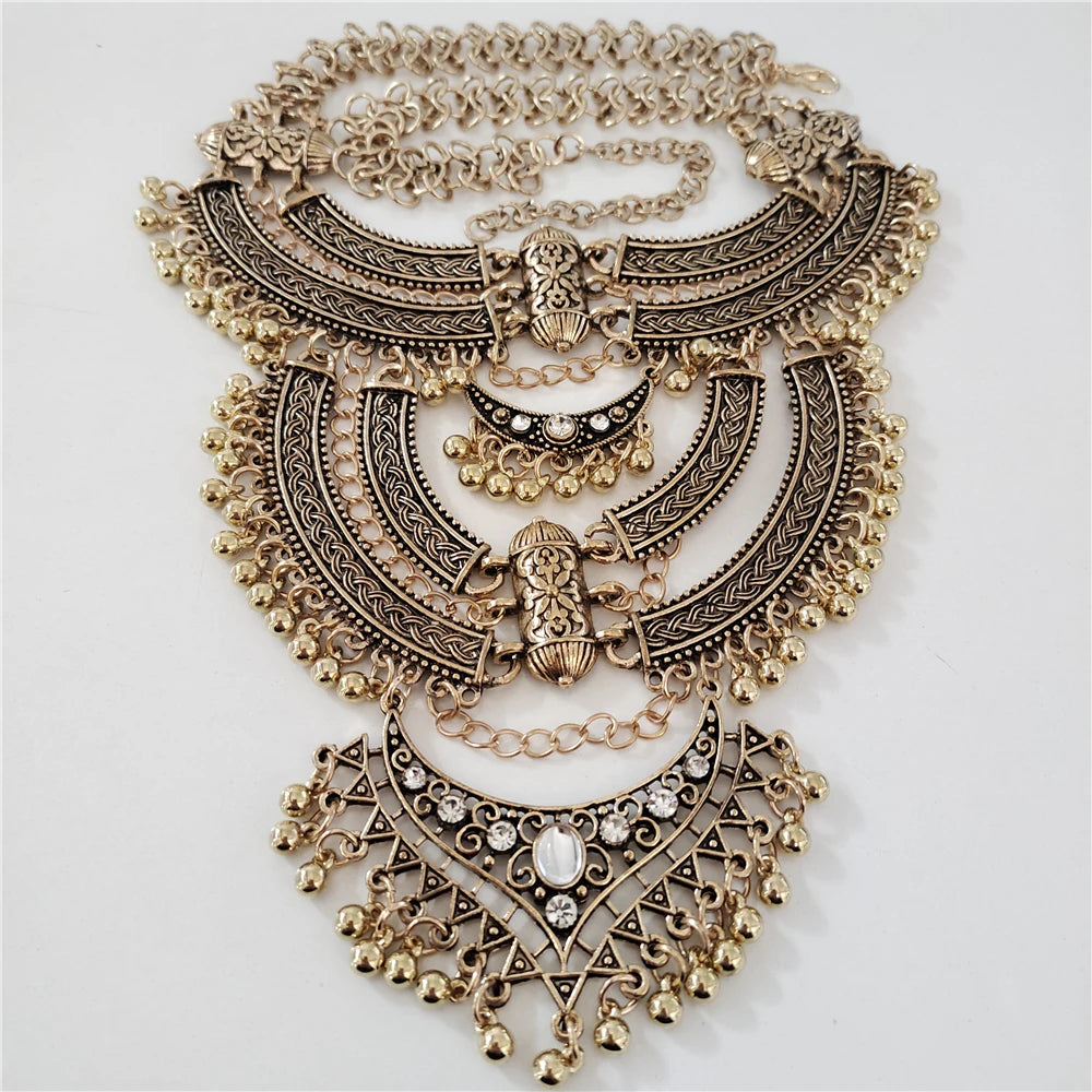 Indian Vintage Gypsy Baroque Statement Metal Necklace Earrings Gold