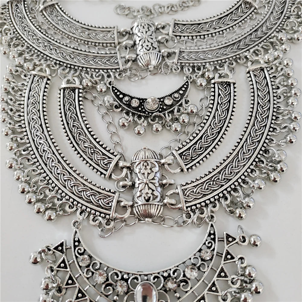 Indian Vintage Gypsy Baroque Statement Metal Necklace Earrings silver