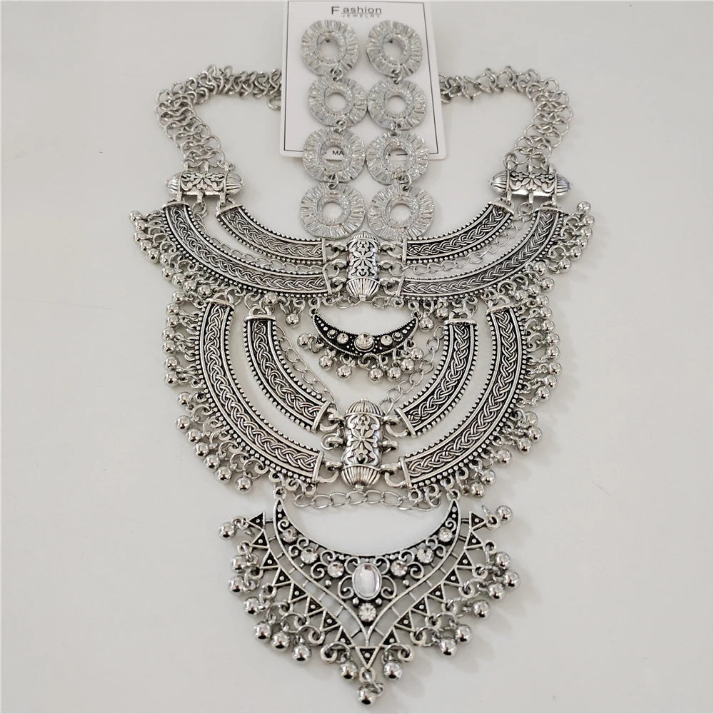 Indian Vintage Gypsy Baroque Statement Metal Necklace Earrings silver