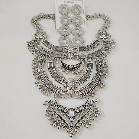 Indian Vintage Gypsy Baroque Statement Metal Necklace Earrings silver