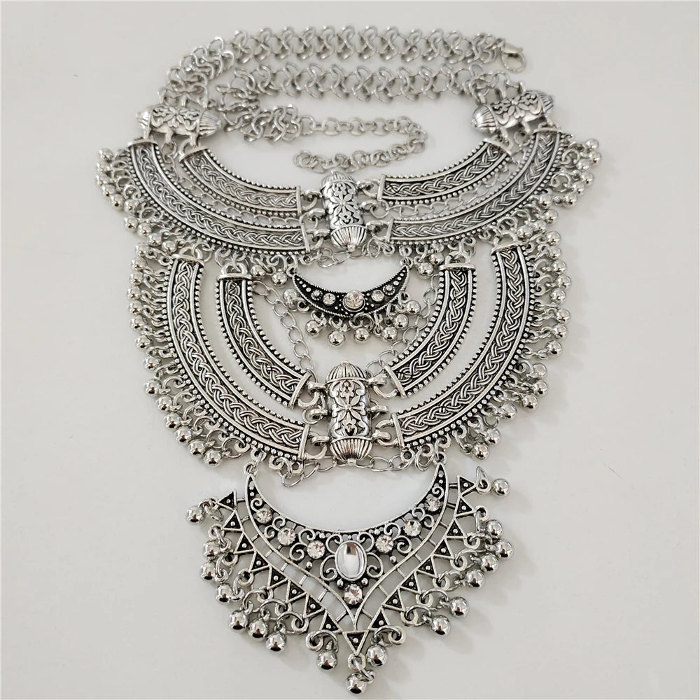 Indian Vintage Gypsy Baroque Statement Metal Necklace Earrings silver