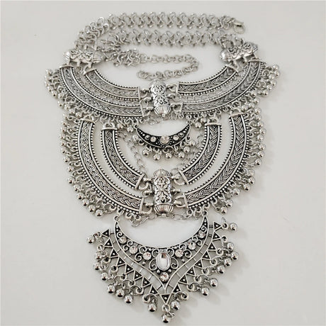 Indian Vintage Gypsy Baroque Statement Metal Necklace Earrings silver