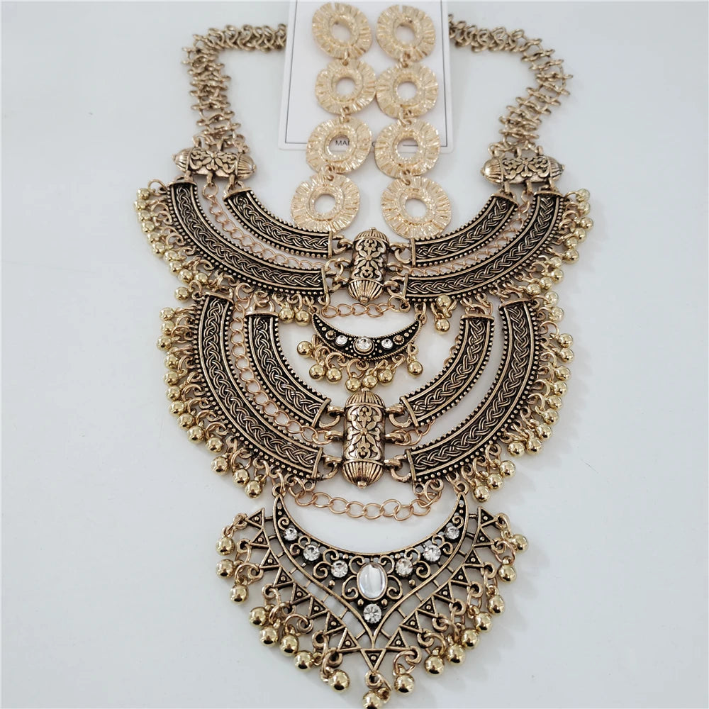 Indian Vintage Gypsy Baroque Statement Metal Necklace Earrings gold