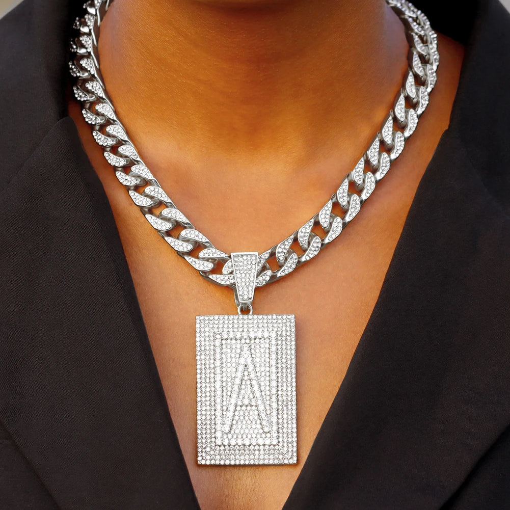 model using silver Initial Name Pendant Rhinestone Necklace