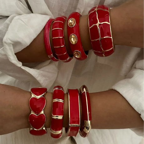 Model Using Irregular Geometric Rhinestone Red Imitation Enamel Bangle