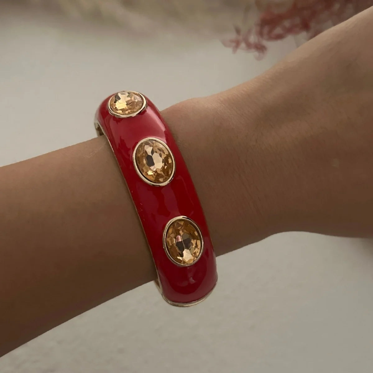 Irregular Geometric Rhinestone Red Imitation Enamel Bangle
