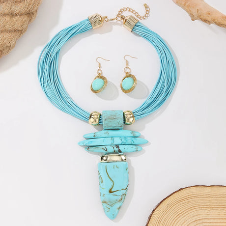 Blue Irregular Turquoise Wax Rope Statement Necklace