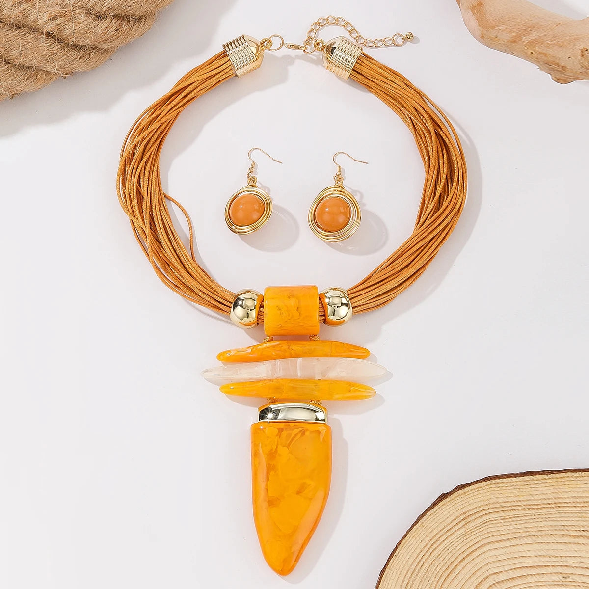 Orange Irregular Turquoise Wax Rope Statement Necklace
