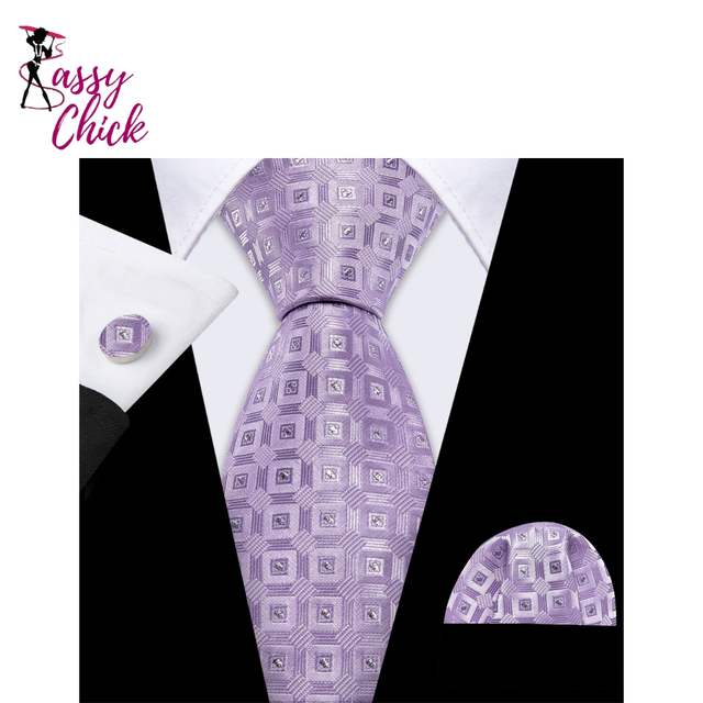 Jacquard Checked Plaid Silk Men Tie Handkerchief Cufflinks Set Sassy Chick Logo