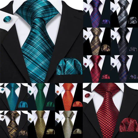 Collection of Jacquard Checked Plaid Silk Men Tie Handkerchief Cufflinks Set