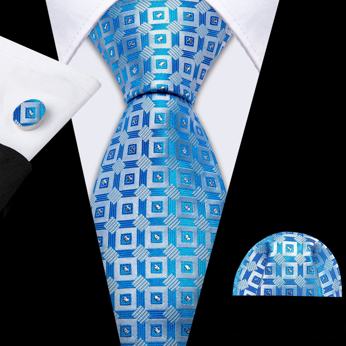 Blue Jacquard Checked Plaid Silk Men Tie Handkerchief Cufflinks Set