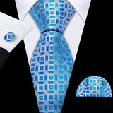 Blue Jacquard Checked Plaid Silk Men Tie Handkerchief Cufflinks Set