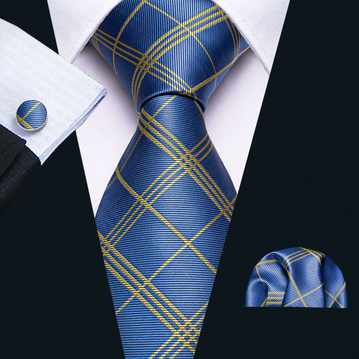 Blue Jacquard Checked Plaid Silk Men Tie Handkerchief Cufflinks Set