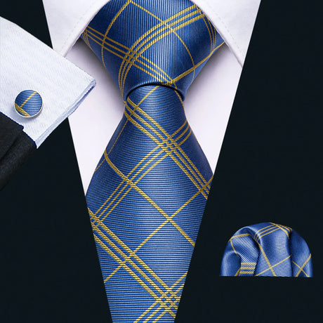Blue Jacquard Checked Plaid Silk Men Tie Handkerchief Cufflinks Set