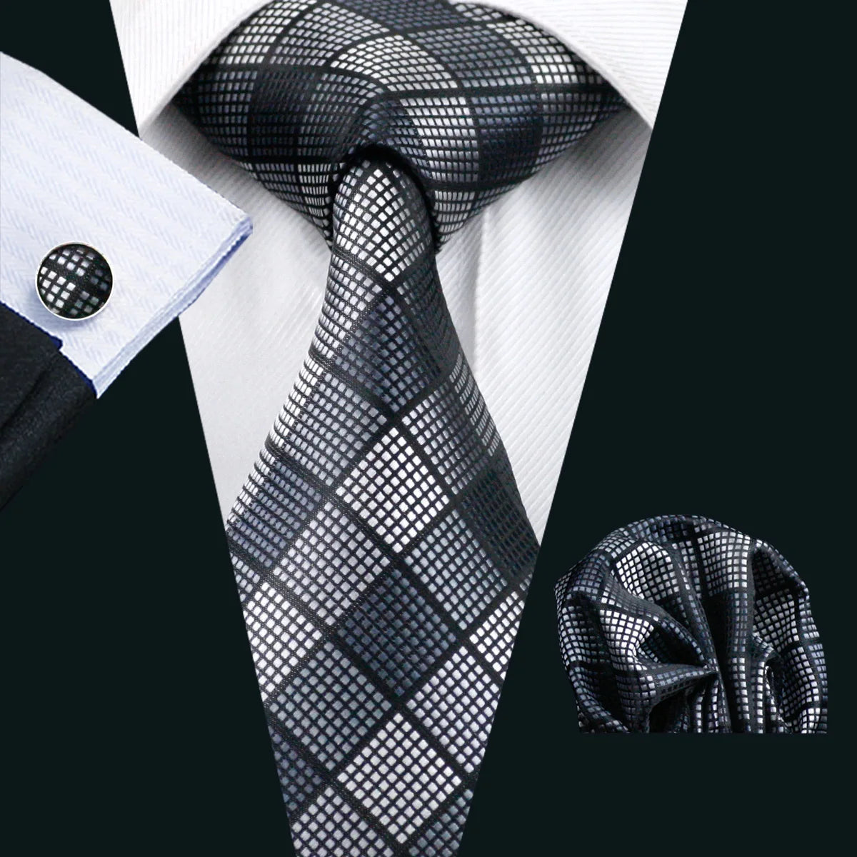 Black Jacquard Checked Plaid Silk Men Tie Handkerchief Cufflinks Set