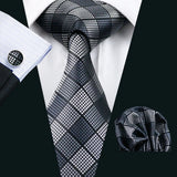 Black Jacquard Checked Plaid Silk Men Tie Handkerchief Cufflinks Set