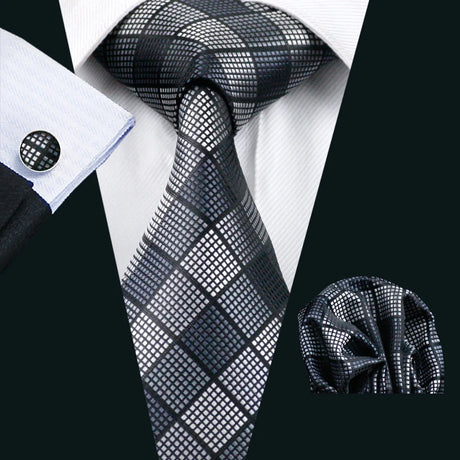 Black Jacquard Checked Plaid Silk Men Tie Handkerchief Cufflinks Set