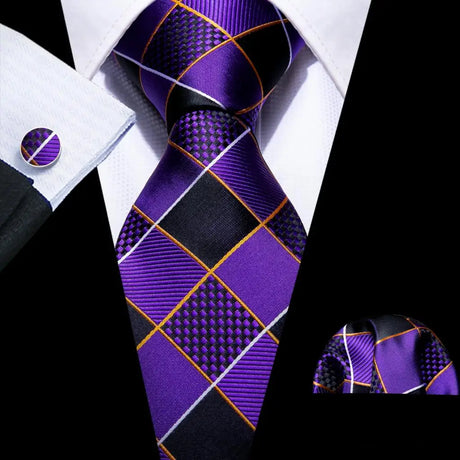 Violet Jacquard Checked Plaid Silk Men Tie Handkerchief Cufflinks Set