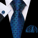 Blue Jacquard Checked Plaid Silk Men Tie Handkerchief Cufflinks Set