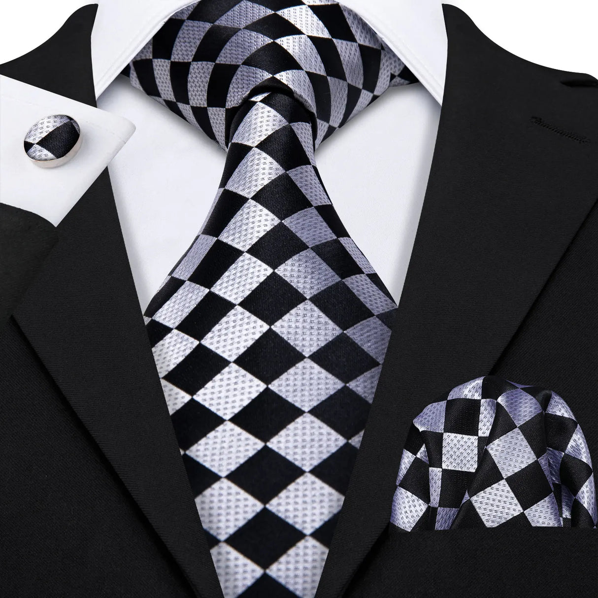 Black White Jacquard Checked Plaid Silk Men Tie Handkerchief Cufflinks Set