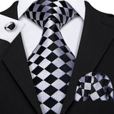Black White Jacquard Checked Plaid Silk Men Tie Handkerchief Cufflinks Set