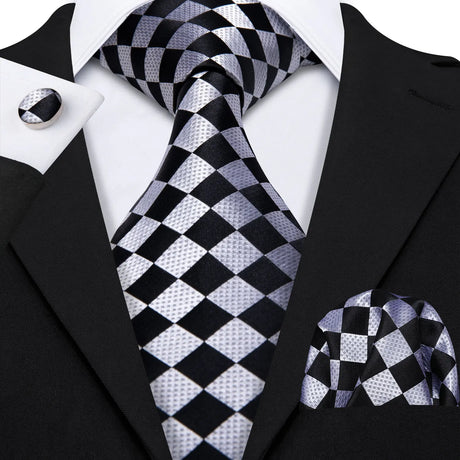 Black White Jacquard Checked Plaid Silk Men Tie Handkerchief Cufflinks Set