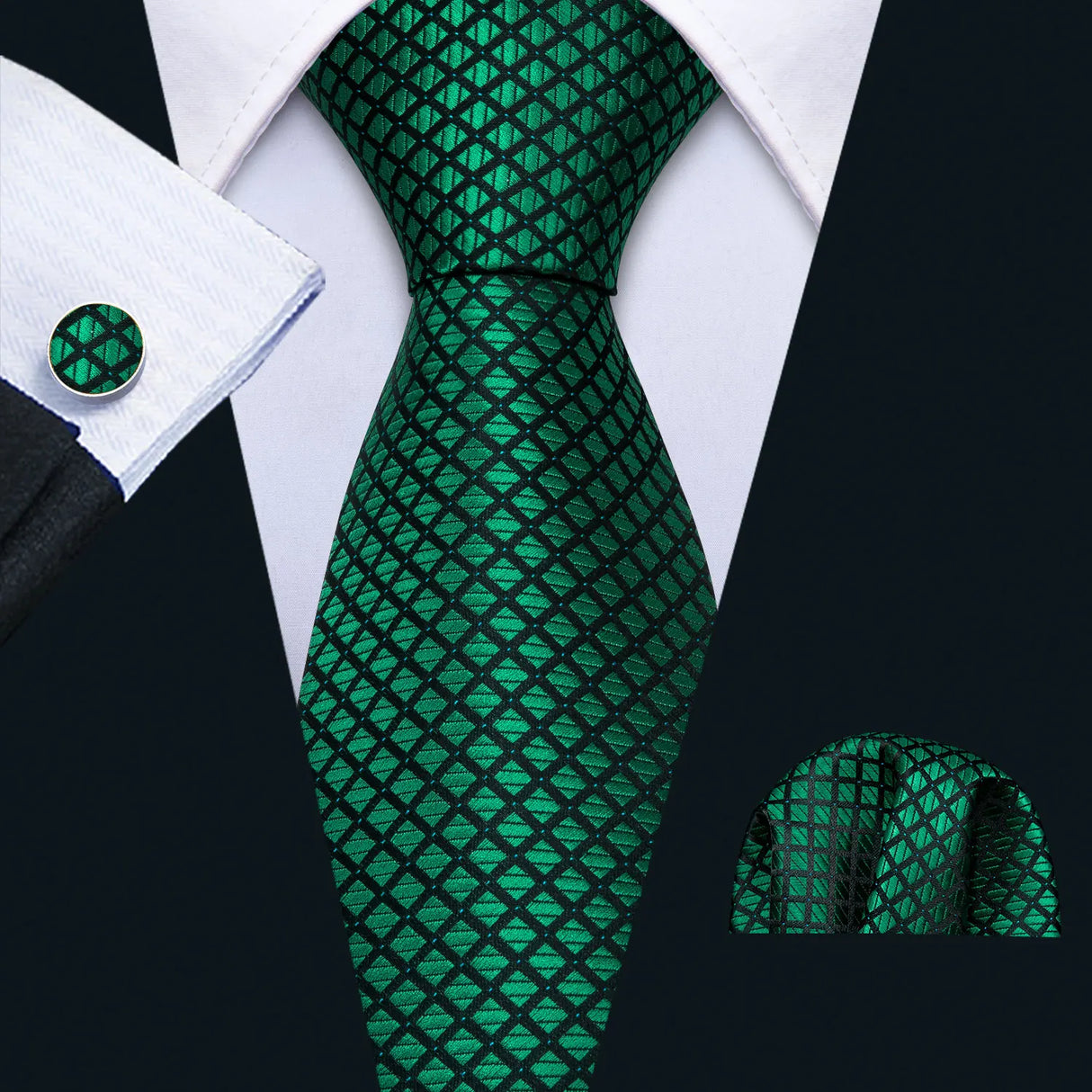 Green Jacquard Checked Plaid Silk Men Tie Handkerchief Cufflinks Set