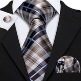 Jacquard Checked Plaid Silk Men Tie Handkerchief Cufflinks Set